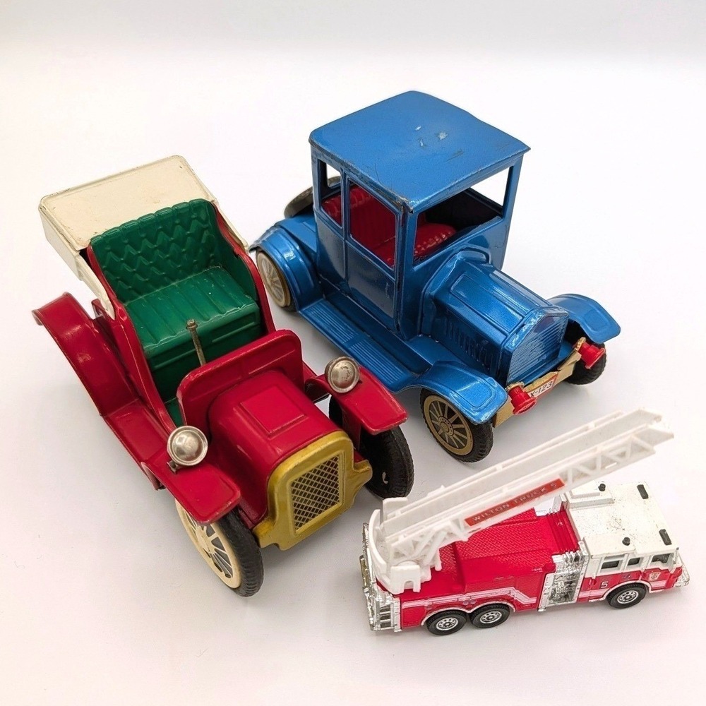 Vtg Japanese Tin Car Bundle Model T Roadster & Pierce Velocity Fire Truck Set